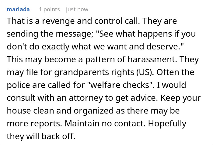 Comment discussing revenge and control calls involving toxic in-laws and potential harassment after banning visits to a newborn.
