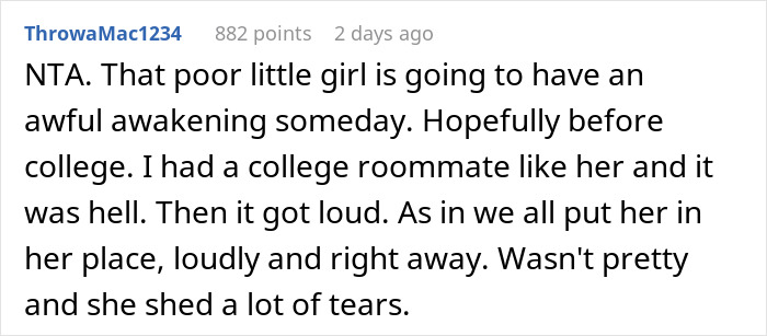 Reddit comment discussing a 13-year-old opening and using stepsister's gifts without permission causing family conflict.