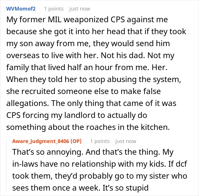 Text conversation about toxic in-laws banning visits and false CPS claims as revenge involving a newborn and family disputes.