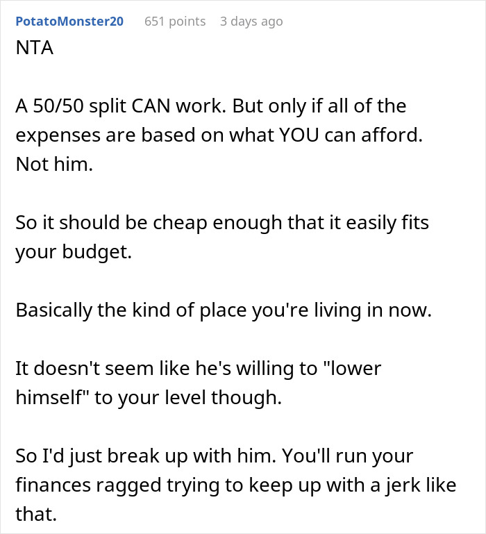 Text comment discussing a rich boyfriend demanding equal split rent and the girlfriend refusing due to budget differences.