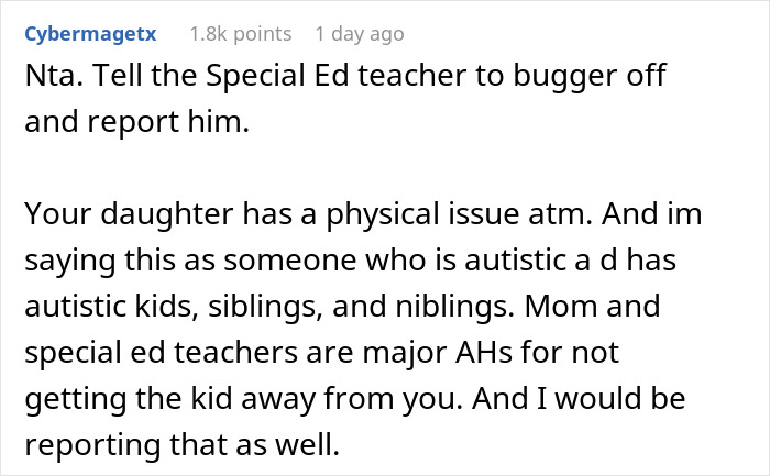 Comment on a forum post about a mom standing her ground over autistic student&rsquo;s needs despite her own injured child.