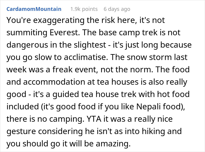 Screenshot of a Reddit comment discussing the risk of Everest base camp trek and cancellation of an anniversary trip surprise. Screenshot of a Reddit comment discussing the risk of Everest base camp trek and cancellation of an anniversary trip surprise.