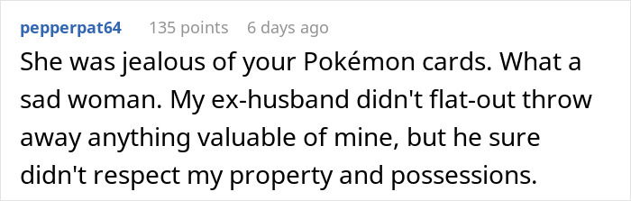 Screenshot of an online comment criticizing a wife for throwing away her husband&rsquo;s Pok&eacute;mon card collection, sparking controversy.
