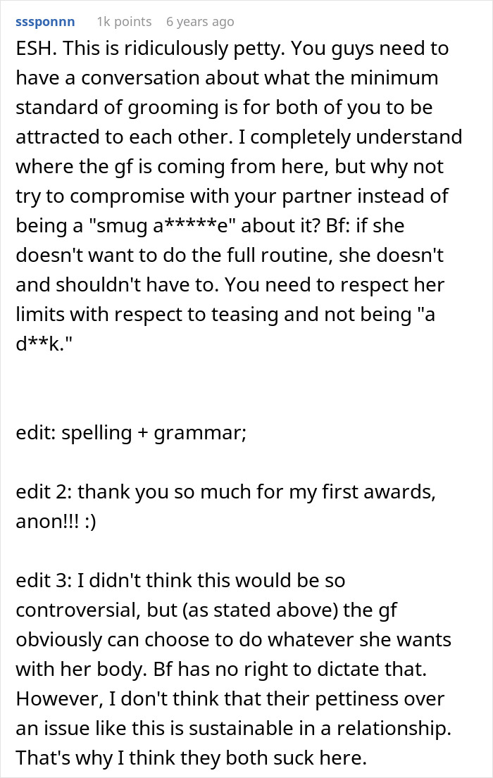 Reddit comment discussing man regretting mocking girlfriend&rsquo;s long beauty routine, shaving, and makeup choices.