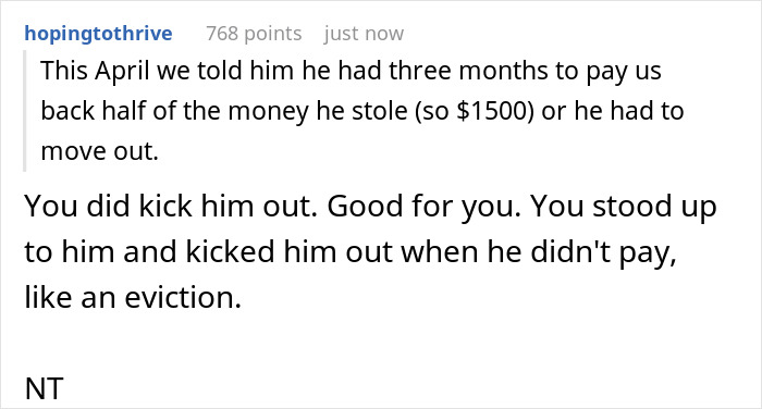 Screenshot of a comment discussing a 20-year-old mooching off parents and being kicked out after stealing $3K.