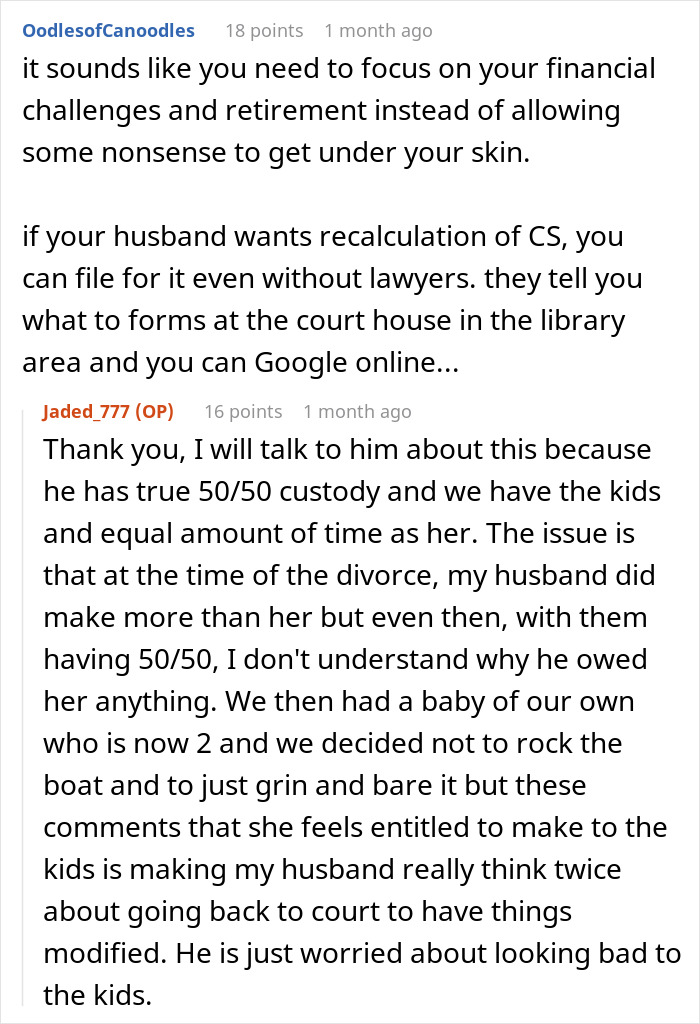 Screenshot of an online forum discussing car accident settlement money and family custody challenges after divorce.