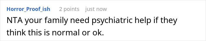 Comment text from user Horror_Proof_ish stating family needs psychiatric help due to bizarre fake adoption drama erupting.