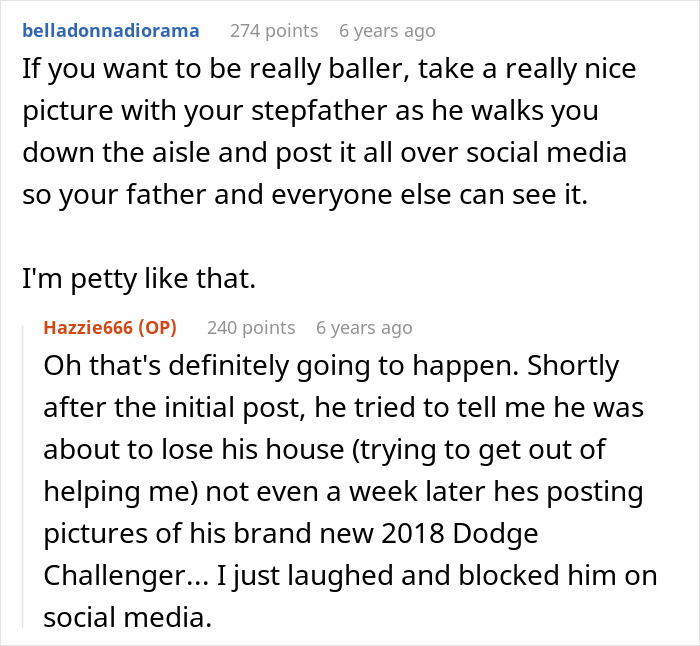 Reddit comments showing bride&rsquo;s father refusing to attend wedding not on American soil and social media family drama.