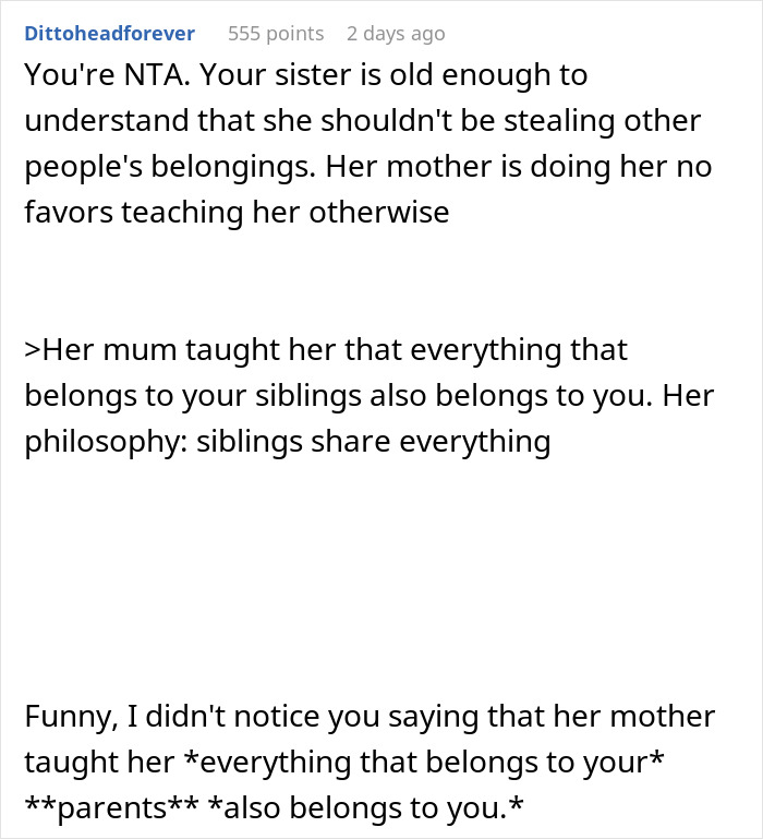 Reddit comments discussing stepsister using gifts without permission and family conflict over setting boundaries.