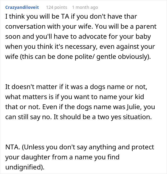 Reddit comment discussing a pregnant wife wanting to name baby after childhood dog, husband feeling weirded out.