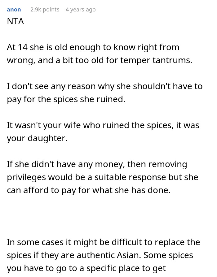 Reddit comment discussing stepdaughter sister spices drama about responsibility and consequences for ruining spices. Reddit comment discussing stepdaughter sister spices drama about responsibility and consequences for ruining spices.
