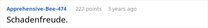 Screenshot of a Reddit comment showing the word Schadenfreude on a plain background with username and points visible.