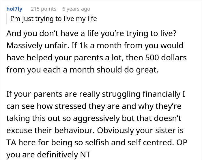Reddit comment discussing sibling refusing to pay rent after discovering sister lives rent free with parents.