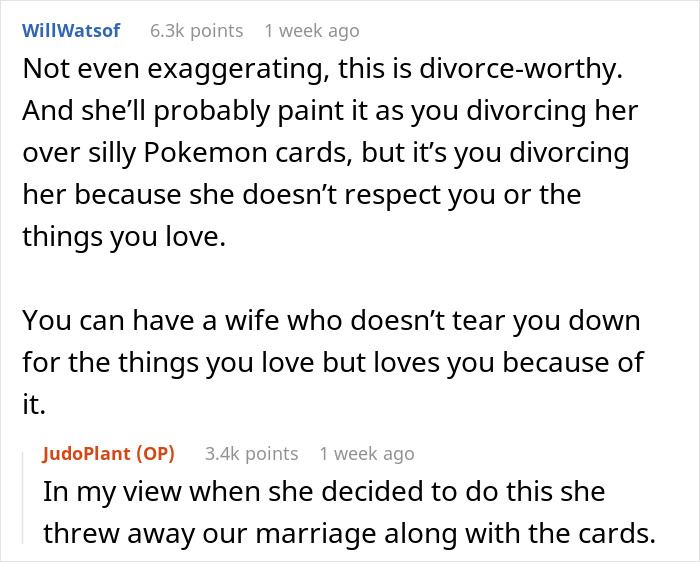 Online comment discussing wife under fire for getting rid of husband's Pok&eacute;mon card collection causing marriage issues.