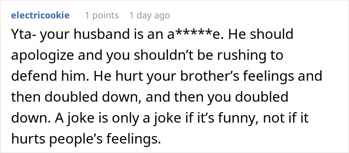 Screenshot of a social media comment criticizing a man for mocking his brother-in-law and causing family conflict.