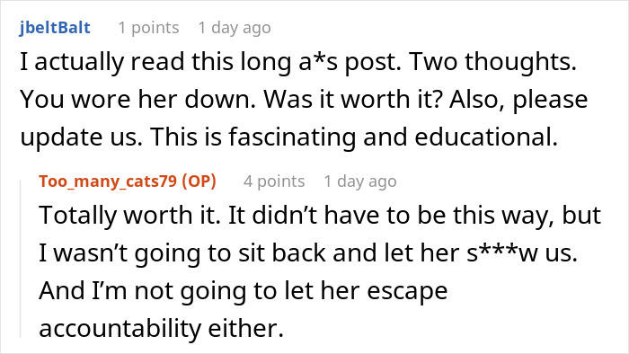 Reddit conversation showing a grieving daughter determined to drive step-monster to financial ruin and demand accountability.