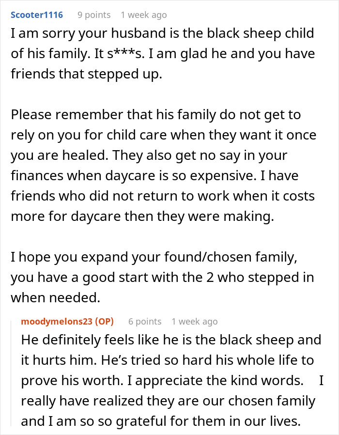 Reddit conversation discussing a woman who doesn't get support with two kids after surgery and struggles emotionally.