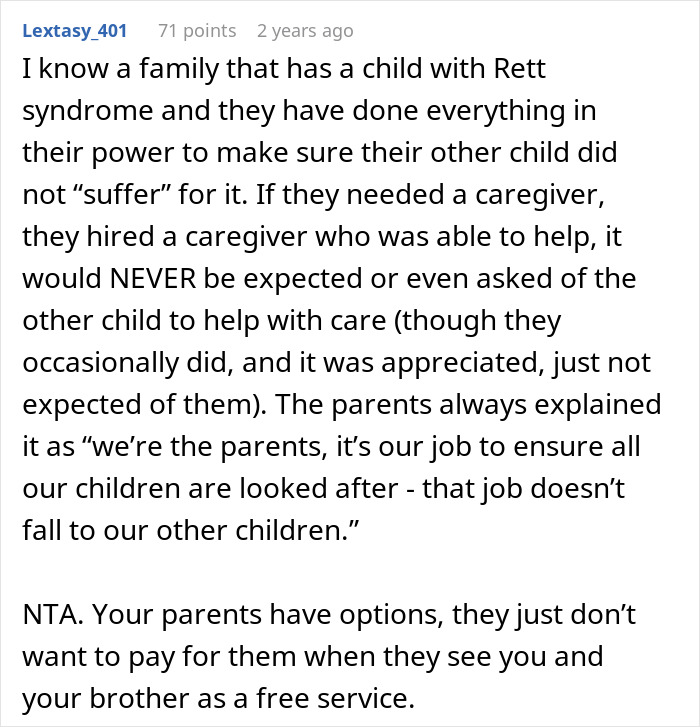Comment discussing family dynamics and caregiving expectations for a disabled sibling in an ableist care debate. Comment discussing family dynamics and caregiving expectations for a disabled sibling in an ableist care debate.