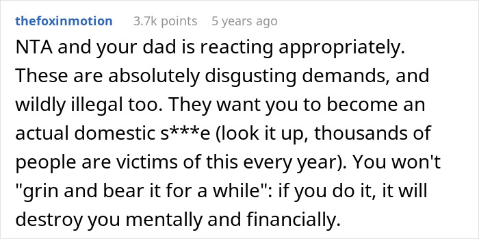 Comment discussing ridiculous demands in a live-in nanny job offer and a woman's strong reaction to her brother.