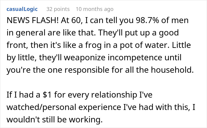 Screenshot of a comment discussing men&rsquo;s reluctance toward fair chores and household responsibilities in relationships.