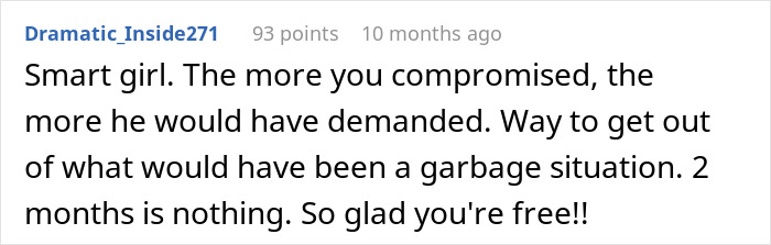 Screenshot of an online comment praising a woman who left her boyfriend after being called a gold digger for wanting fair chores.