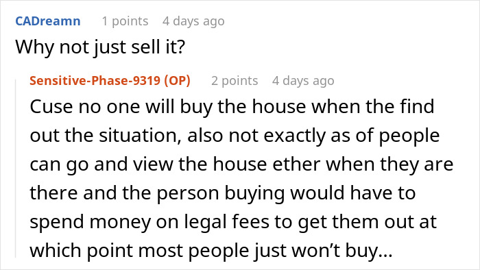 Comment discussing why selling an entitled brother house is challenging due to legal and viewing issues.