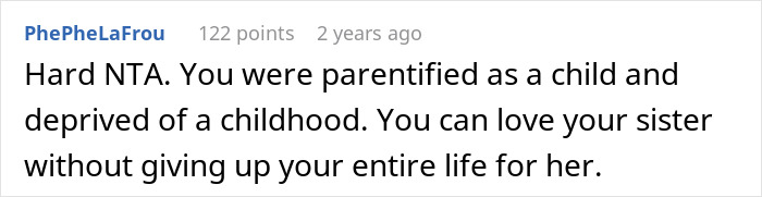 Screenshot of a comment discussing family conflict over refusing to care for a disabled sister and accusations of ableism. Screenshot of a comment discussing family conflict over refusing to care for a disabled sister and accusations of ableism.