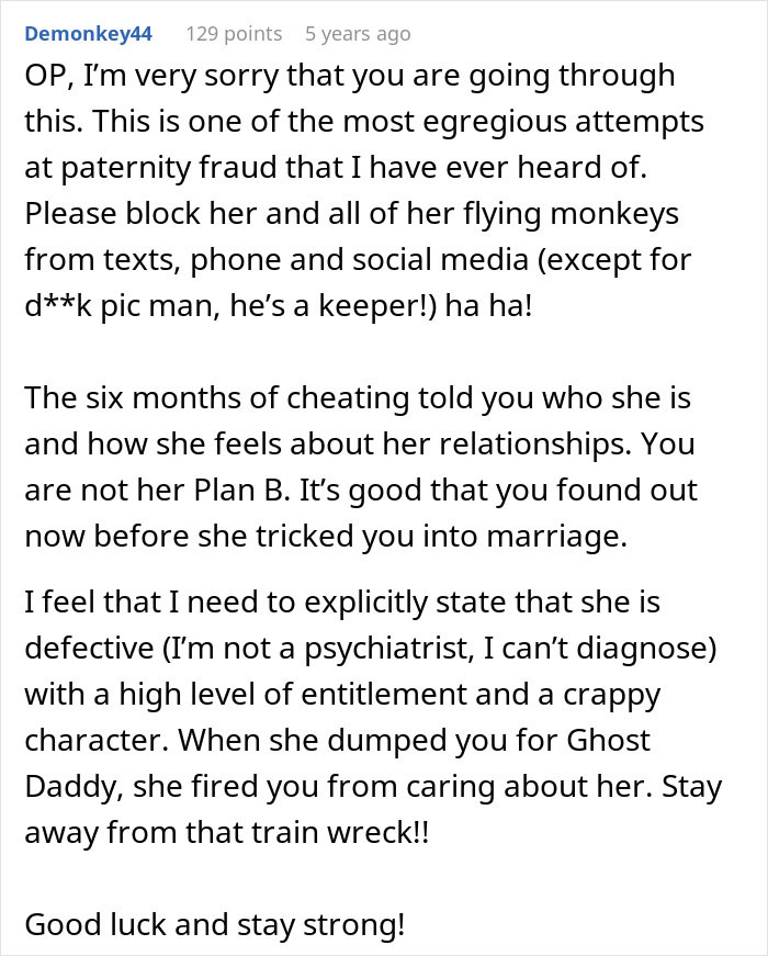 Comment warning about paternity fraud and cheating, advising to block and move on for peace of mind and self-care.