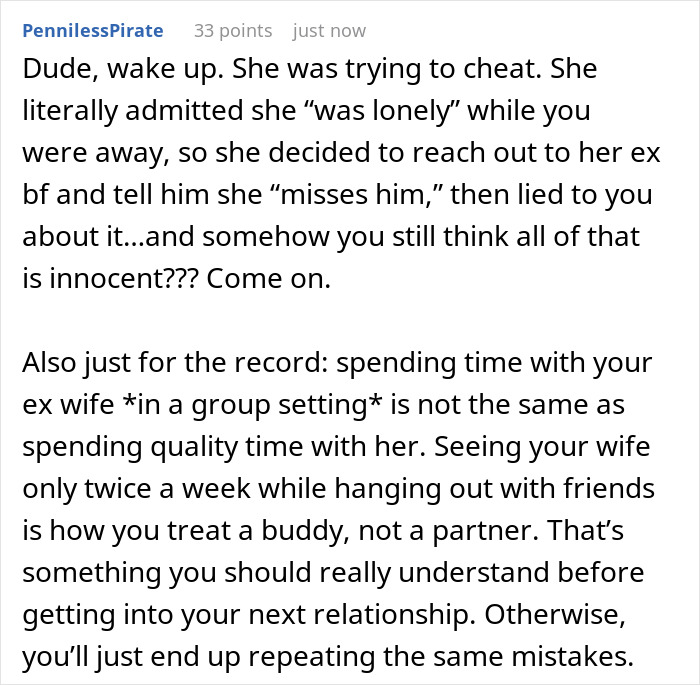 Comment explaining how a guy&rsquo;s ex-wife cheated with his best man, warning about relationship mistakes repeated.