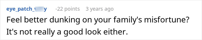 Reddit comment criticizing insensitive remarks about family misfortune related to money and crypto losses.