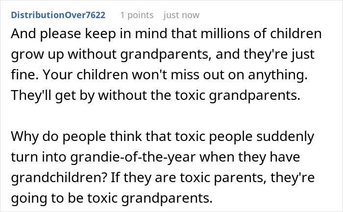 Comment text about toxic grandparents and children growing up without them, highlighting toxic in-laws and CPS disputes.