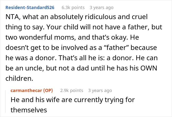 Reddit comments discussing a guy helping his sister-in-law conceive using IVF and related family dynamics.