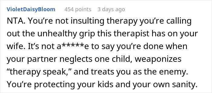 Comment highlighting concerns about a therapist's influence on a spouse and the impact on family and sanity.