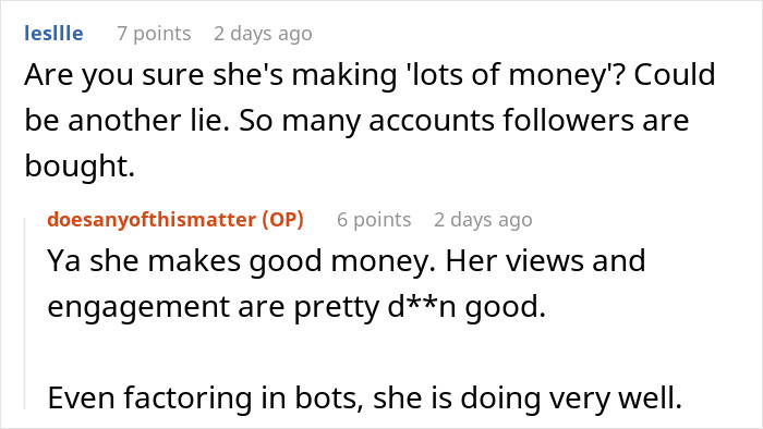 Screenshot of an online discussion about a gym influencer lying and the impact on her boyfriend&rsquo;s relationship.