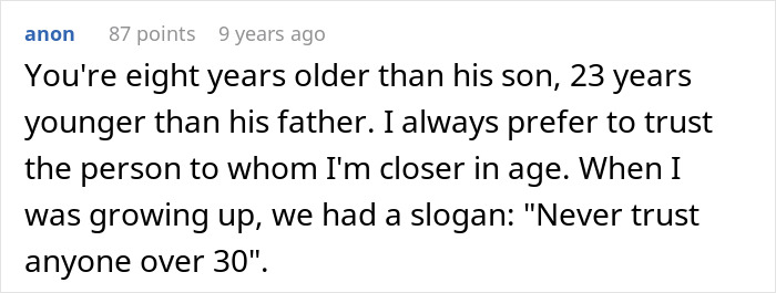 Comment discussing age differences between a woman, her boyfriend&rsquo;s grown son, and his father in an online forum.