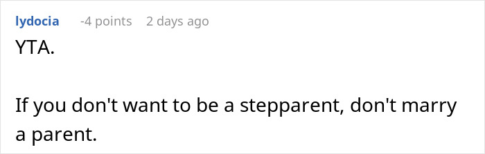 Commenter discussing boundaries in stepparent relationships, advising not to marry if unwilling to be a stepparent.