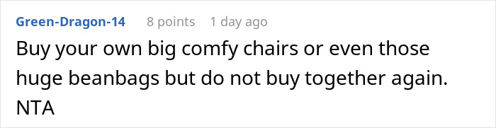 Red couch in living room with two women discussing payment, highlighting heavier roommate paying more for new couch.