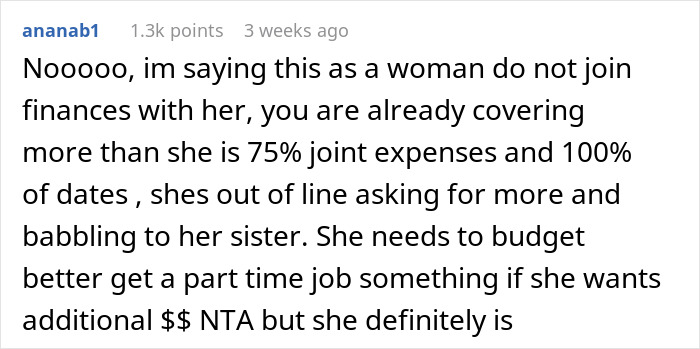 Comment discussing woman demanding combined income, accusing boyfriend of being selfish with money and financial boundaries. Comment discussing woman demanding combined income, accusing boyfriend of being selfish with money and financial boundaries.