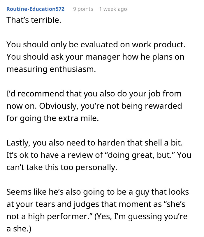 Comment advising a worker who goes above and beyond but is told she&rsquo;s not doing enough to focus on work product and harden her shell.