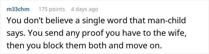 Comment on a social platform, with user m33chm advising to send proof to the wife and then block both before moving on.