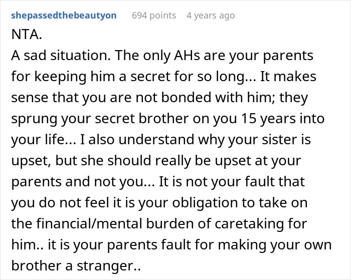 Comment text about parents begging son to care for disabled brother and sister upset as he refuses.