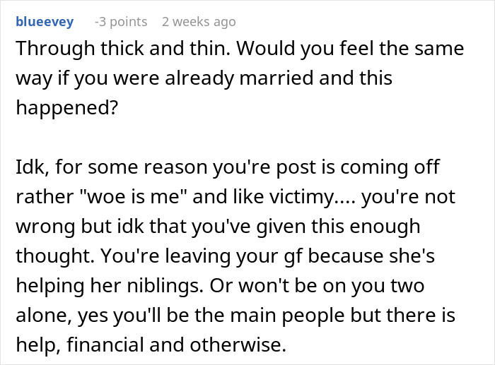 Comment discussing a woman saving her niblings from foster care and her boyfriend rethinking their future together.
