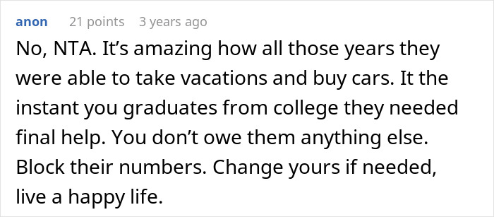 Screenshot of a Reddit comment discussing consequences of parents&rsquo; blatant favoritism after son refuses to help them.