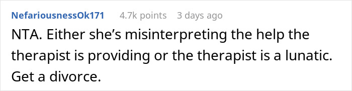 Comment discussing telling wife to marry her therapist, expressing frustration and advice to get a divorce.