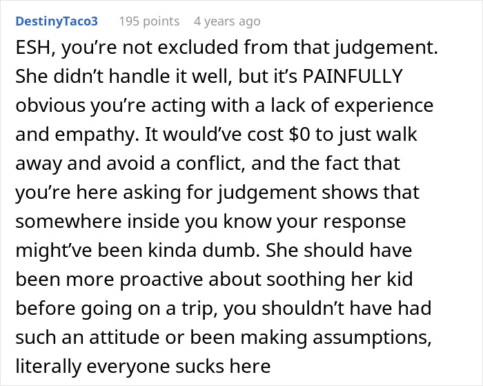 Text of a social media comment discussing a passenger confronting a mom after an eight-hour toddler meltdown, mentioning poor handling and lack of empathy.
