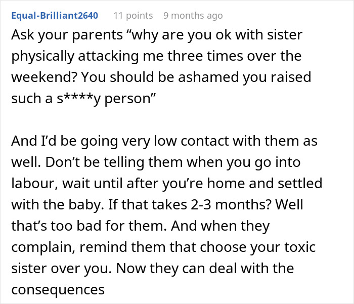 ALT text: Screenshot of a Reddit comment discussing going no-contact with a toxic sister after physical attacks during Thanksgiving.