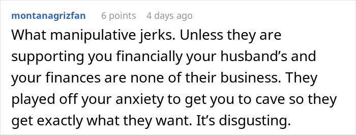 Comment criticizing parents for guilt-tripping daughter-in-law who refuses to be a cheap babysitter.