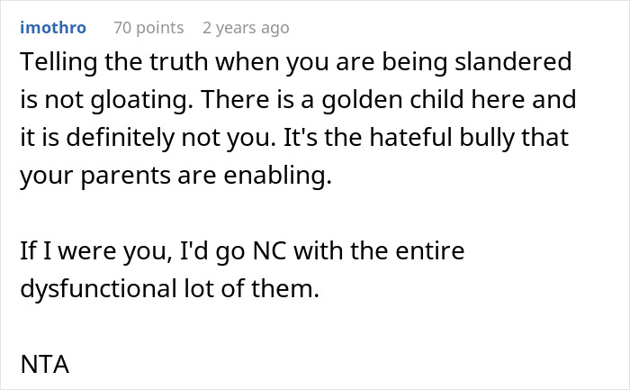 Comment discussing a golden child and family dynamics after sister gets into college of her dreams.