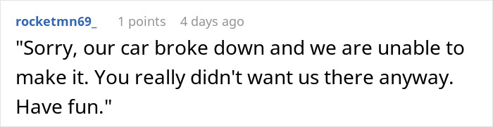 Comment screenshot showing a family separate drive Disneyland message about a broken car causing absence from a visit.