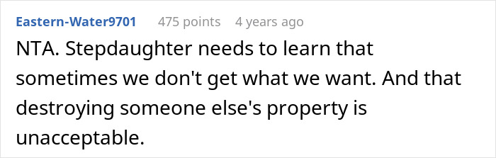 Screenshot of a forum comment discussing stepdaughter behavior and how a sister spices drama by destroying property. Screenshot of a forum comment discussing stepdaughter behavior and how a sister spices drama by destroying property.